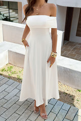 Off Shoulder Solid Backless Full Elegant Dress