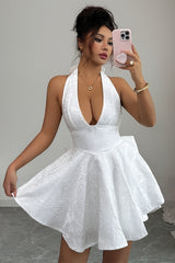 Halter V Neck Back Cross Knot Embroidery Dress