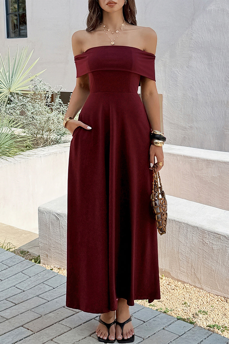 Off Shoulder Solid Backless Full Elegant Dress