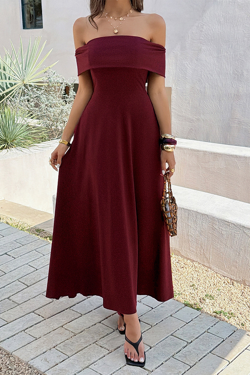 Off Shoulder Solid Backless Full Elegant Dress