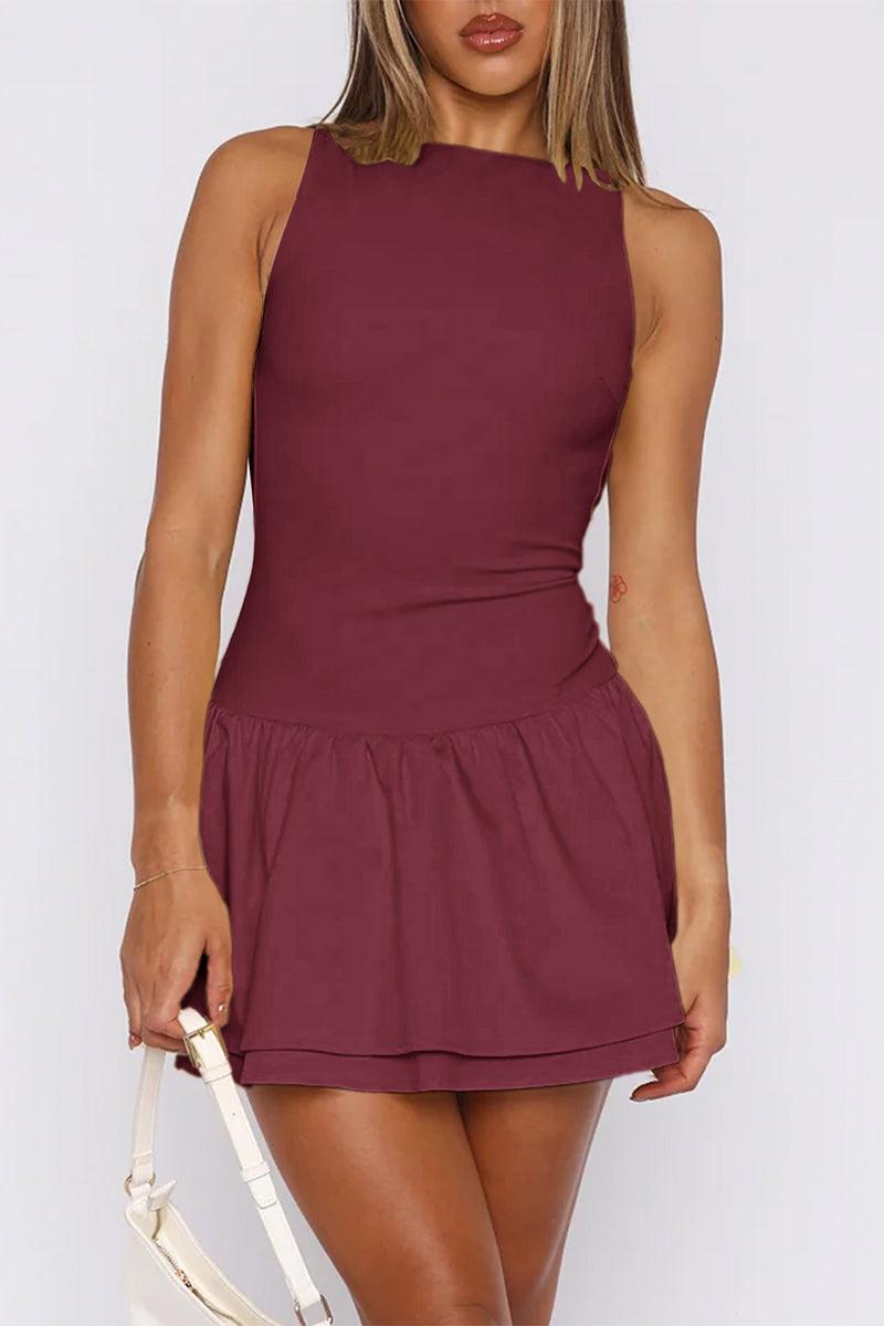 Boat Neck Sleeveless Ruched Ruffle Hem Mini Dress