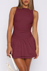 Boat Neck Sleeveless Ruched Ruffle Hem Mini Dress