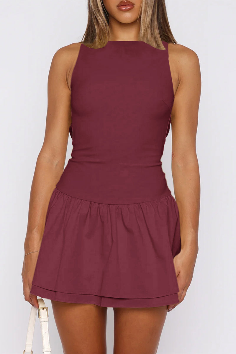 Boat Neck Sleeveless Ruched Ruffle Hem Mini Dress