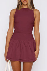 Boat Neck Sleeveless Ruched Ruffle Hem Mini Dress