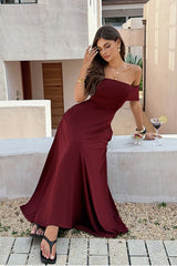 Off Shoulder Solid Backless Full Elegant Dress