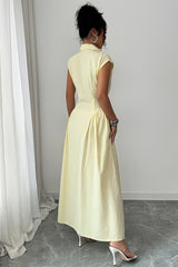 Front Slit Collar Cap Sleeve Ruched Waist Long Dress