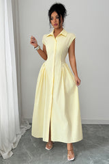Front Slit Collar Cap Sleeve Ruched Waist Long Dress