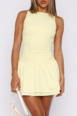 Boat Neck Sleeveless Ruched Ruffle Hem Mini Dress