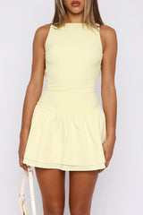 Boat Neck Sleeveless Ruched Ruffle Hem Mini Dress