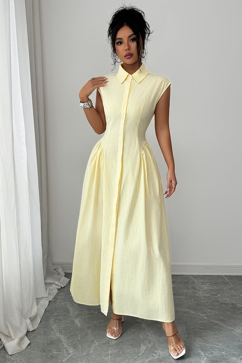 Front Slit Collar Cap Sleeve Ruched Waist Long Dress