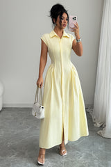 Front Slit Collar Cap Sleeve Ruched Waist Long Dress