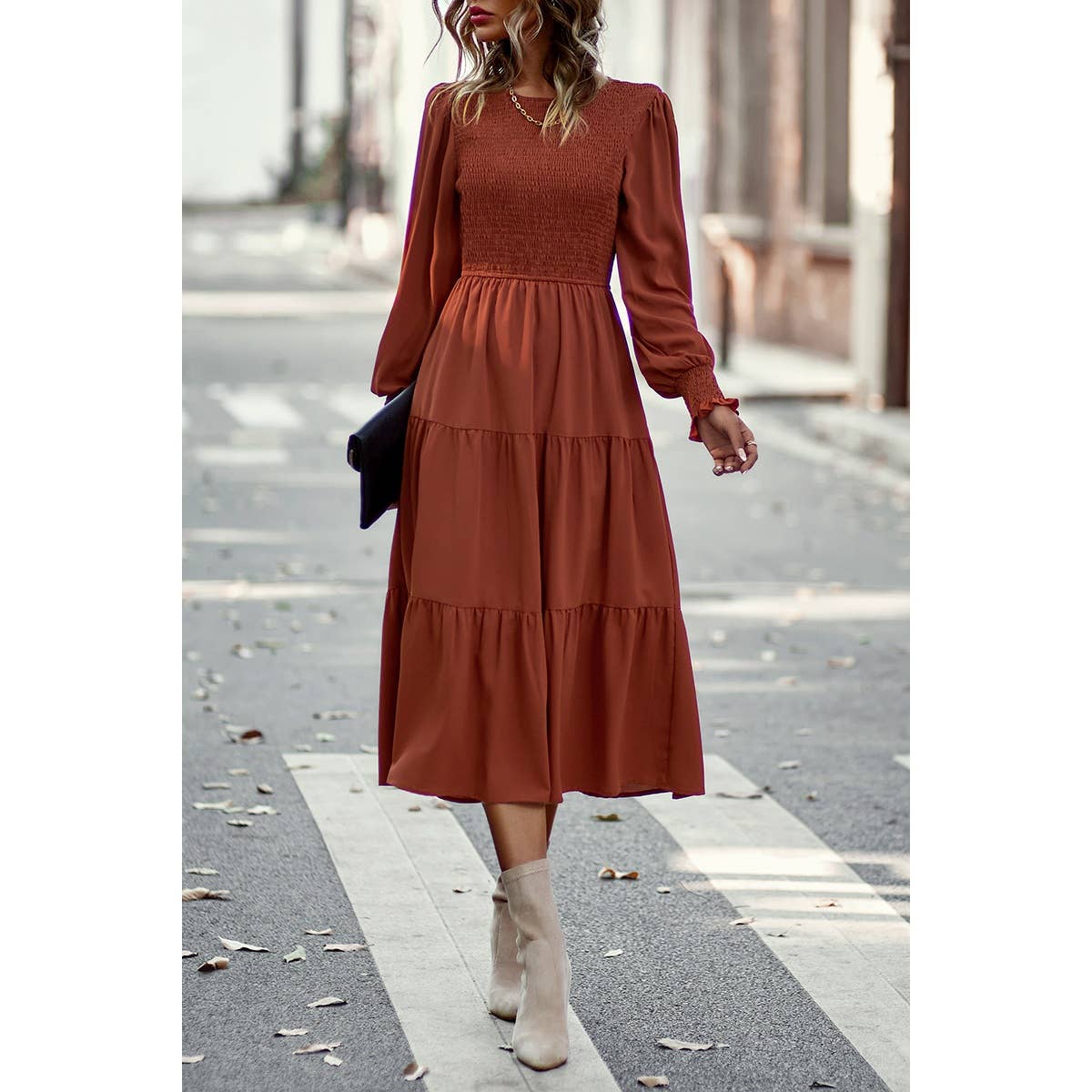 A Line Round Neck Ruffle Solid Dress - MVTFASHION.COM