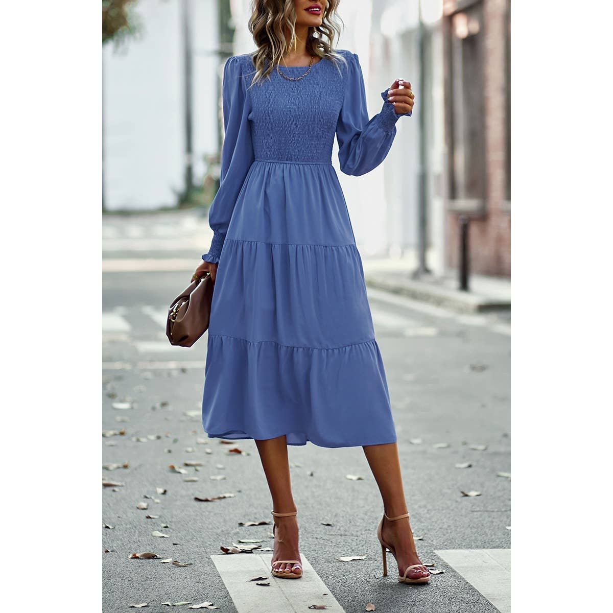 A Line Round Neck Ruffle Solid Dress - MVTFASHION.COM