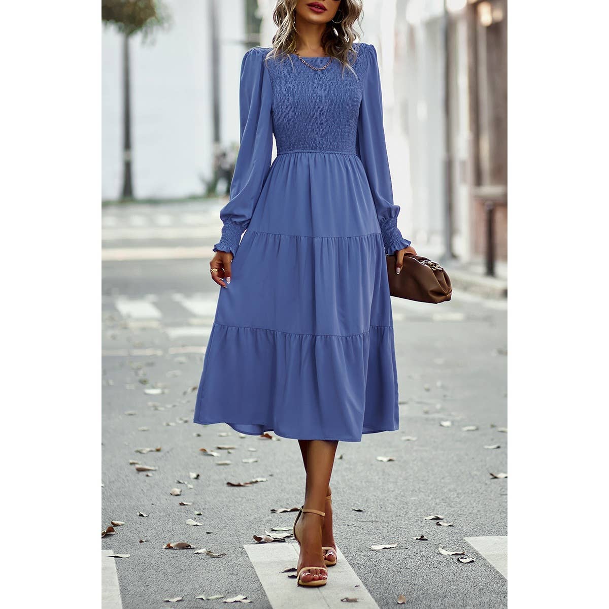 A Line Round Neck Ruffle Solid Dress - MVTFASHION.COM