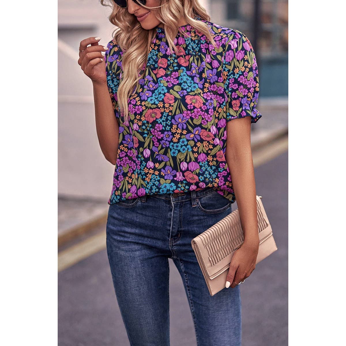 Allover Floral Print Elastic Sleeves Fit Blouse - MVTFASHION.COM