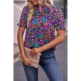 Allover Floral Print Elastic Sleeves Fit Blouse - MVTFASHION.COM