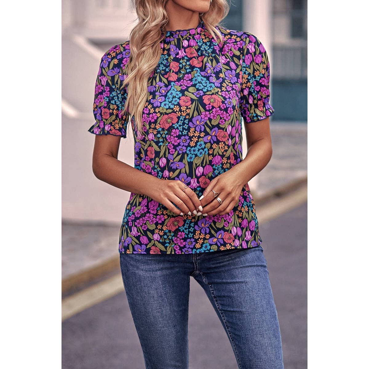 Allover Floral Print Elastic Sleeves Fit Blouse - MVTFASHION.COM