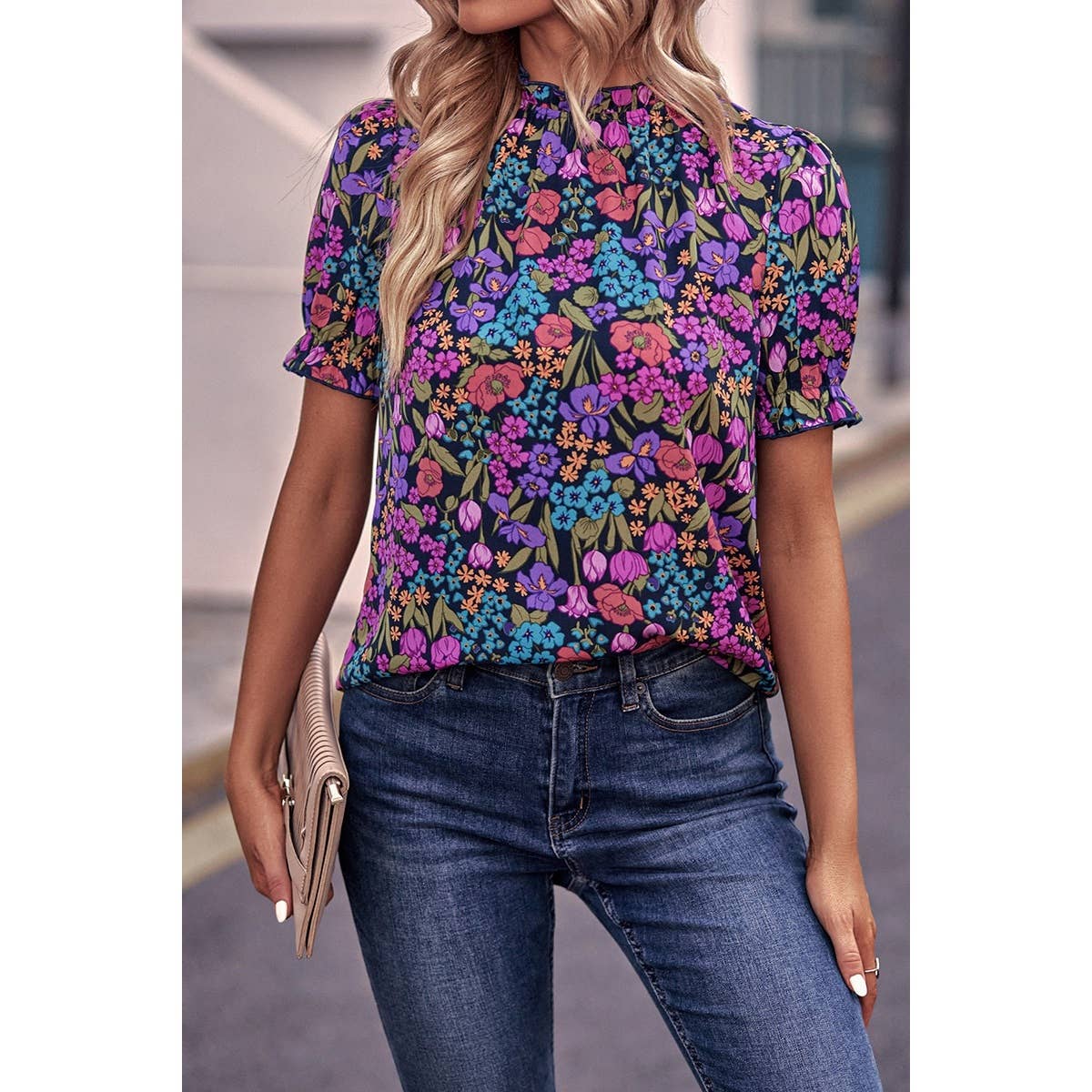 Allover Floral Print Elastic Sleeves Fit Blouse - MVTFASHION.COM