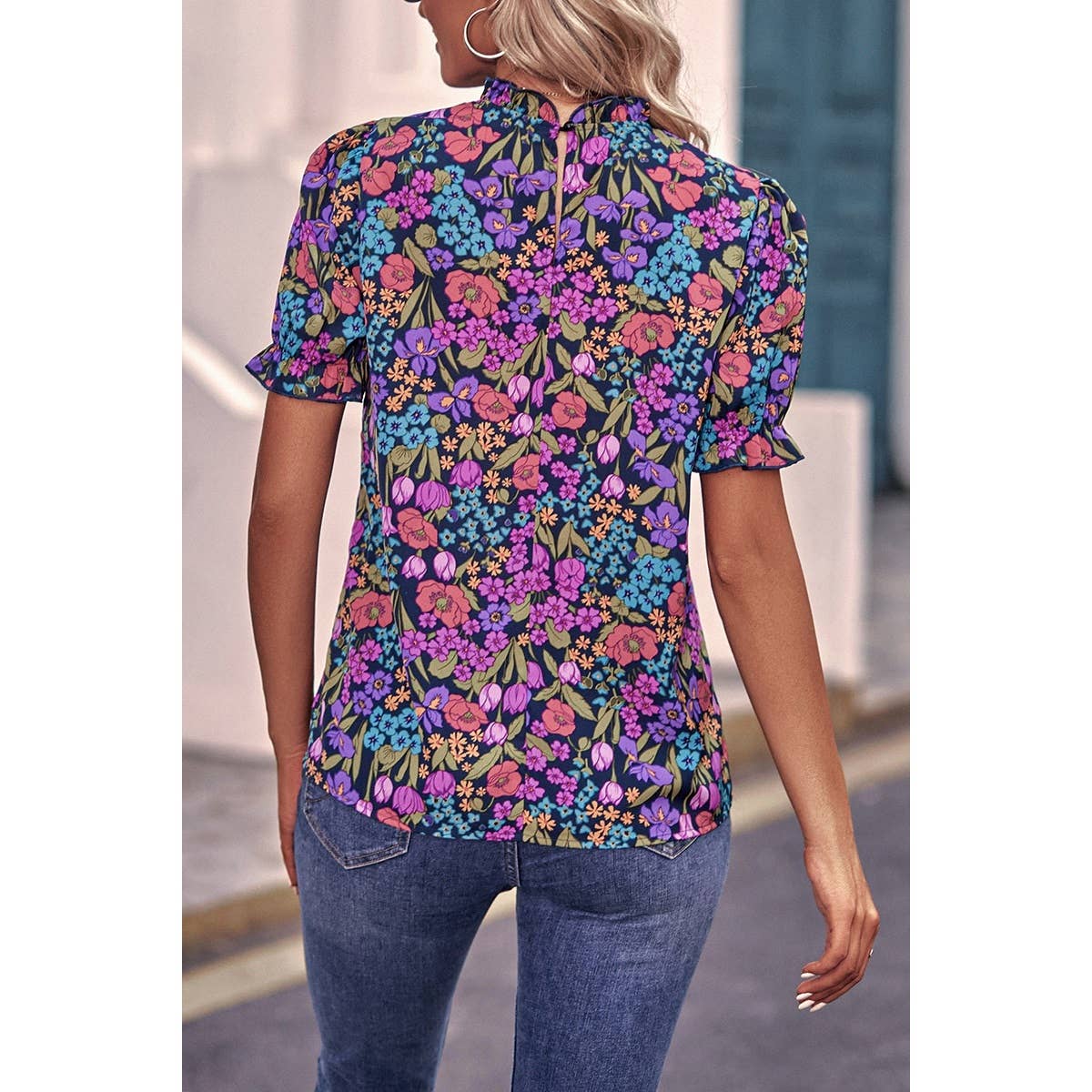 Allover Floral Print Elastic Sleeves Fit Blouse - MVTFASHION.COM