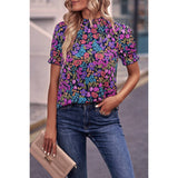 Allover Floral Print Elastic Sleeves Fit Blouse - MVTFASHION.COM