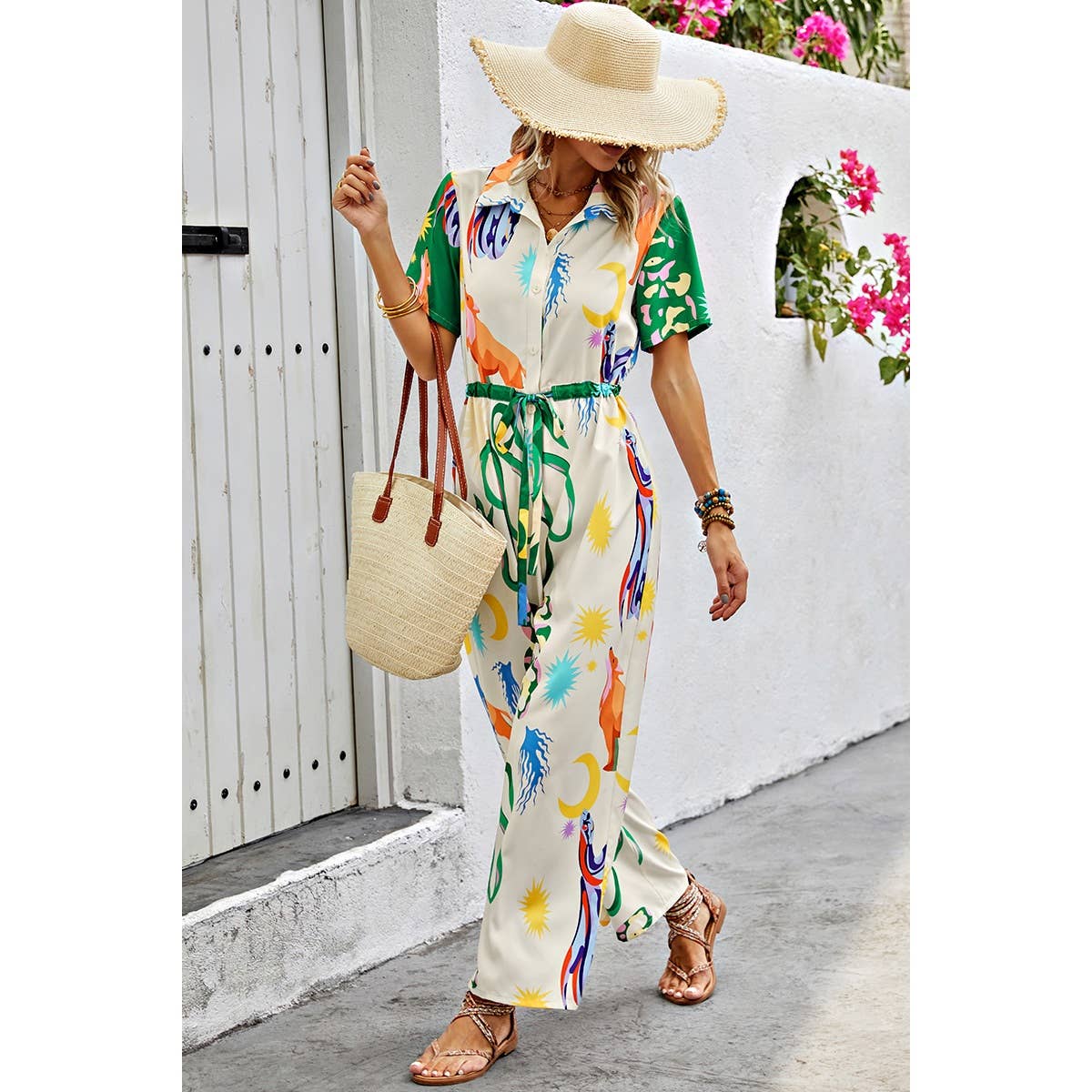 Allover Print Button Up Belt Jumpsuit - MVTFASHION.COM