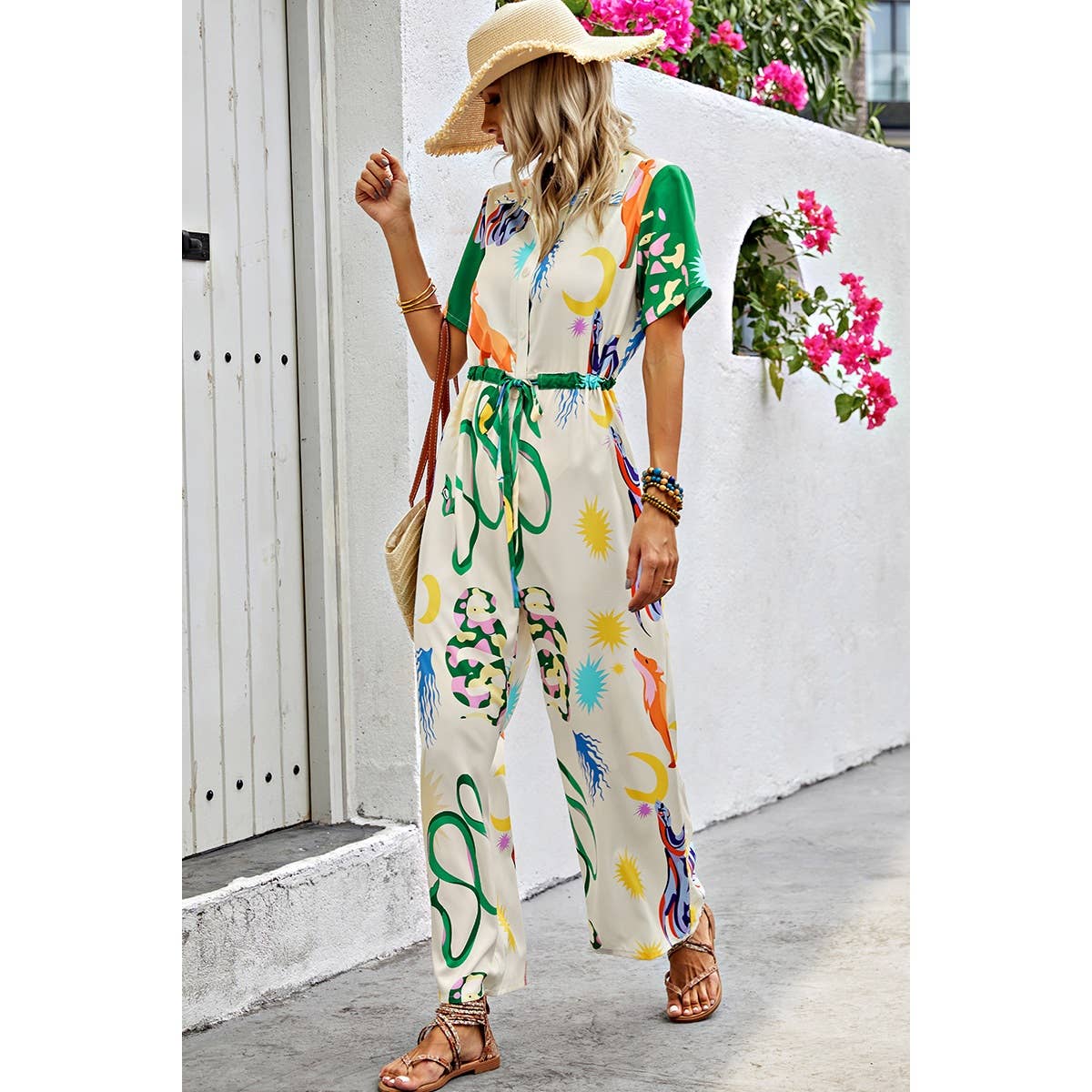 Allover Print Button Up Belt Jumpsuit - MVTFASHION.COM