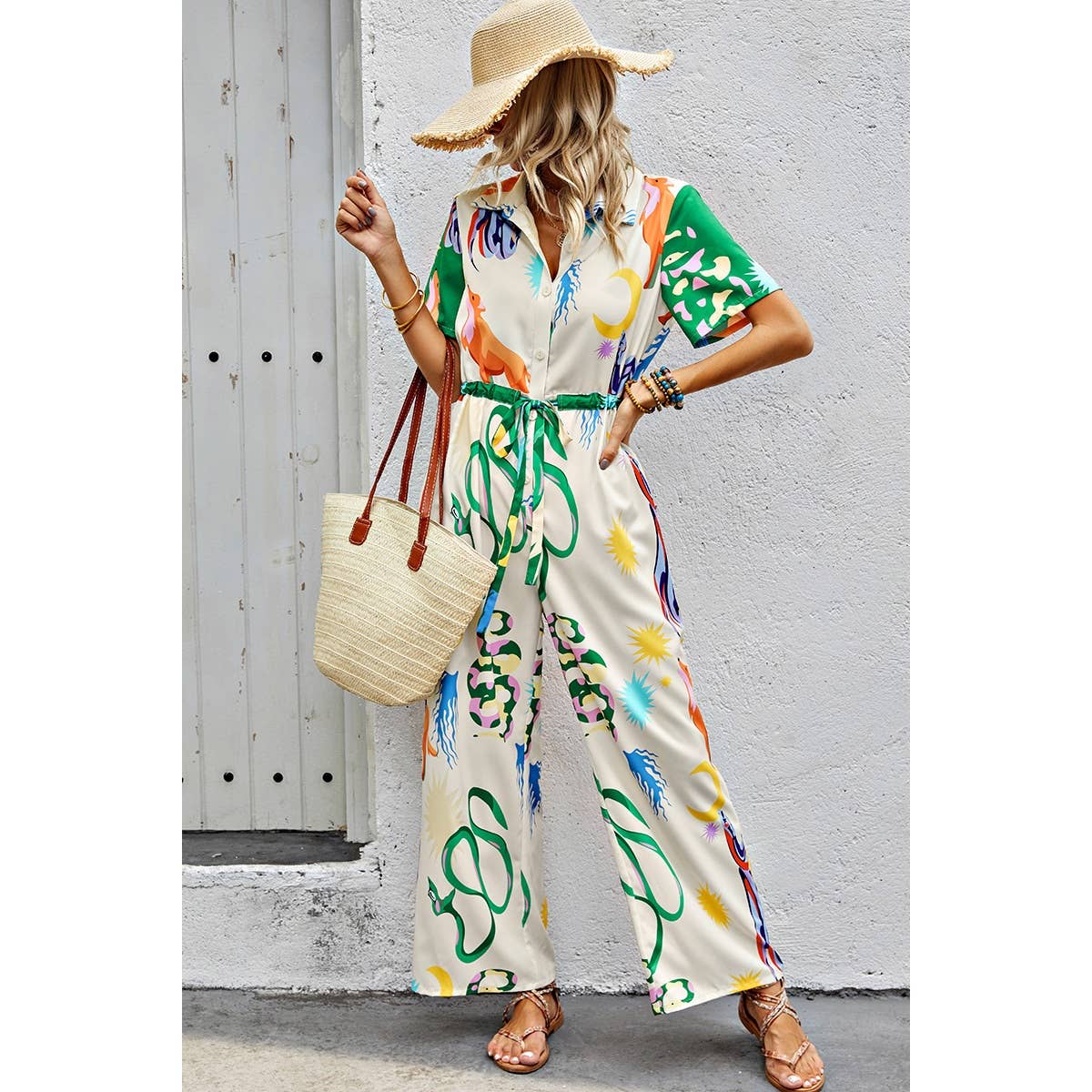 Allover Print Button Up Belt Jumpsuit - MVTFASHION.COM