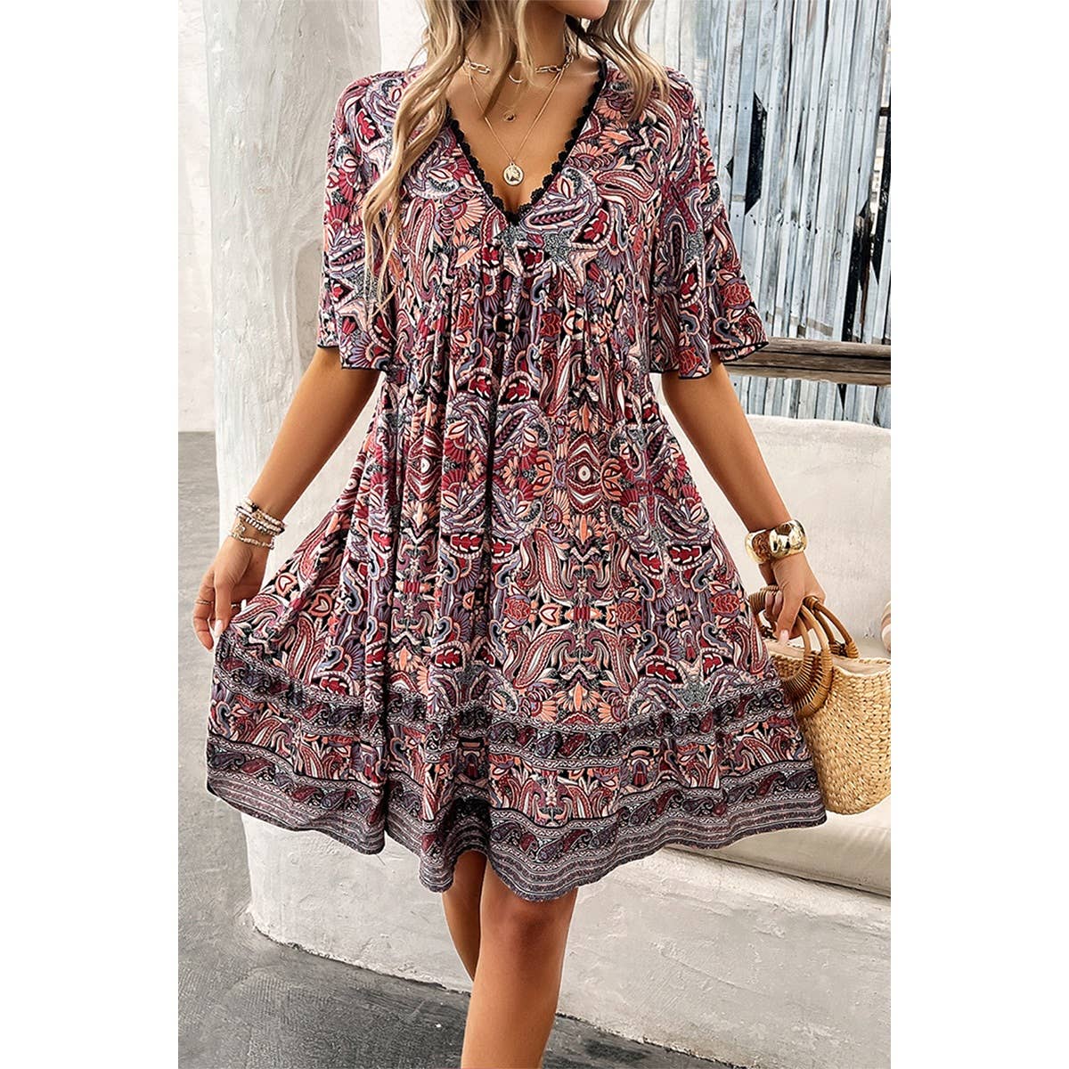 Allover Print Lace Tirm Loose A Line Dress - MVTFASHION.COM