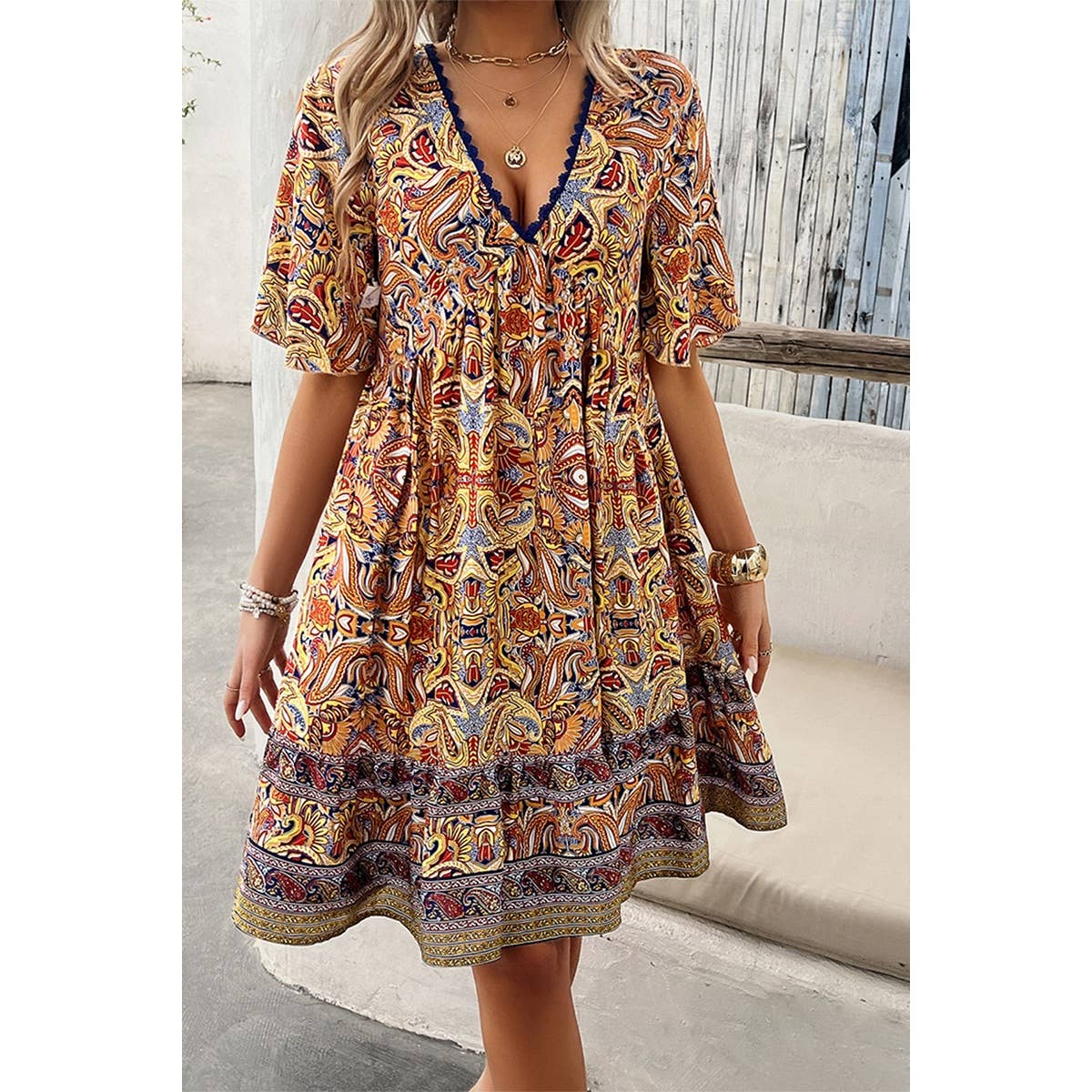 Allover Print Lace Tirm Loose A Line Dress - MVTFASHION.COM