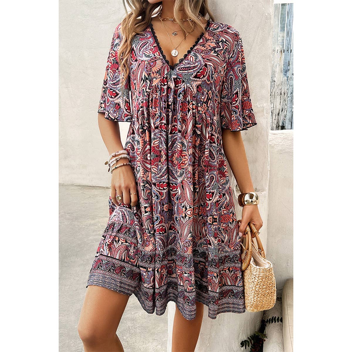 Allover Print Lace Tirm Loose A Line Dress - MVTFASHION.COM