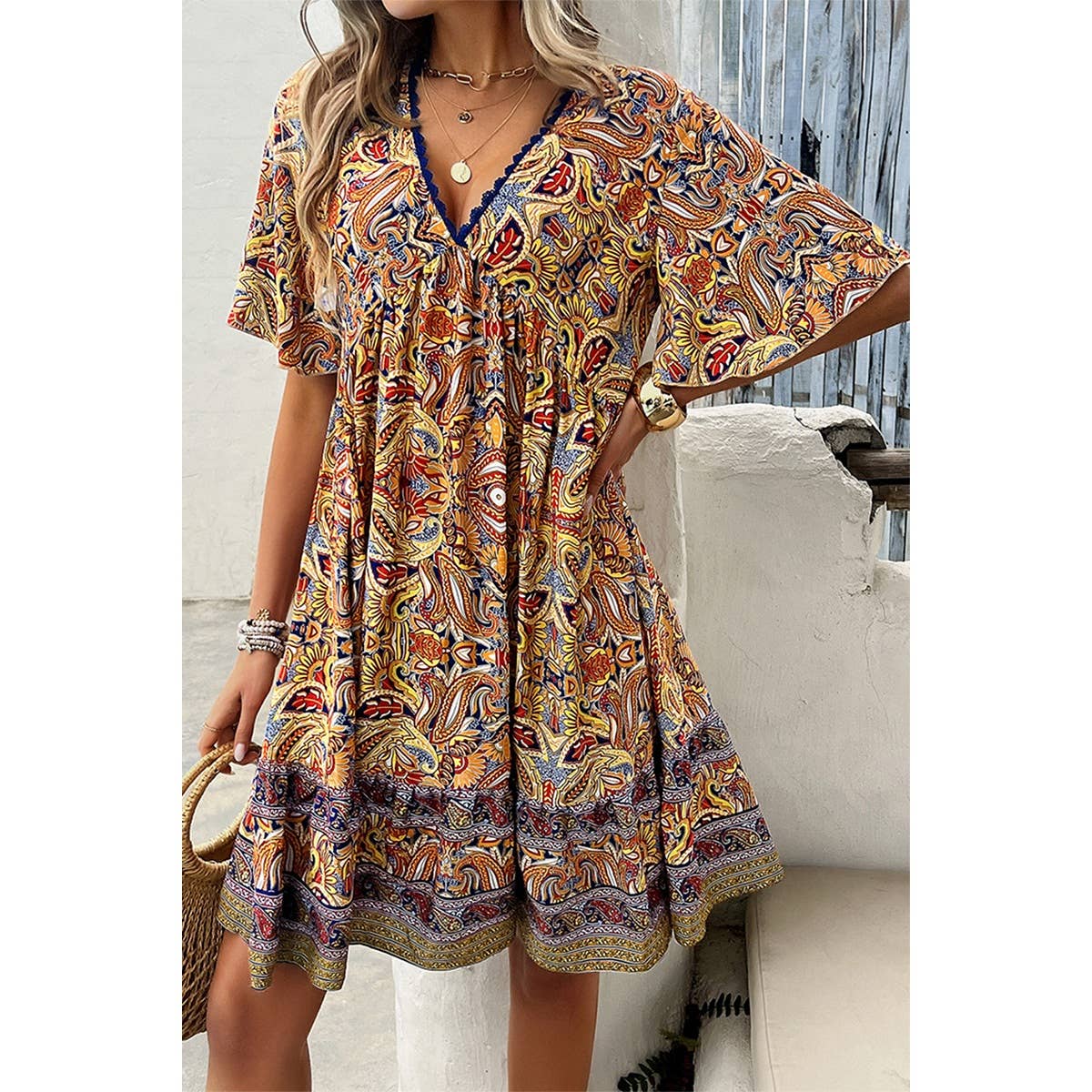 Allover Print Lace Tirm Loose A Line Dress - MVTFASHION.COM