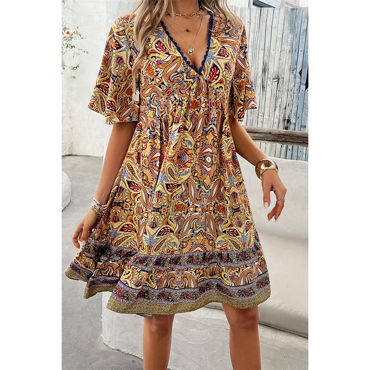 Allover Print Lace Tirm Loose A Line Dress - MVTFASHION.COM