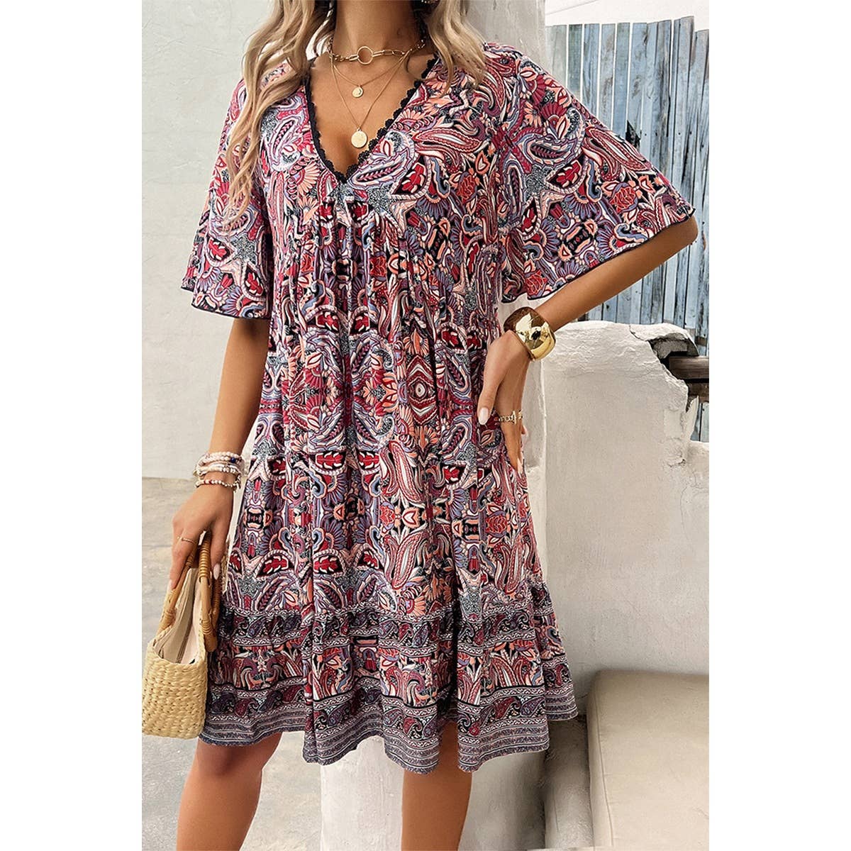 Allover Print Lace Tirm Loose A Line Dress - MVTFASHION.COM