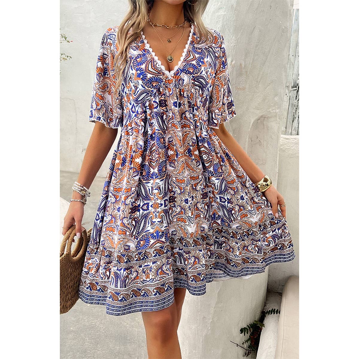 Allover Print Lace Tirm Loose A Line Dress - MVTFASHION.COM