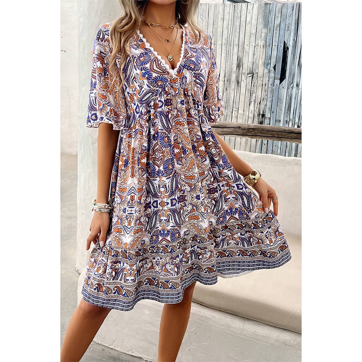 Allover Print Lace Tirm Loose A Line Dress - MVTFASHION.COM