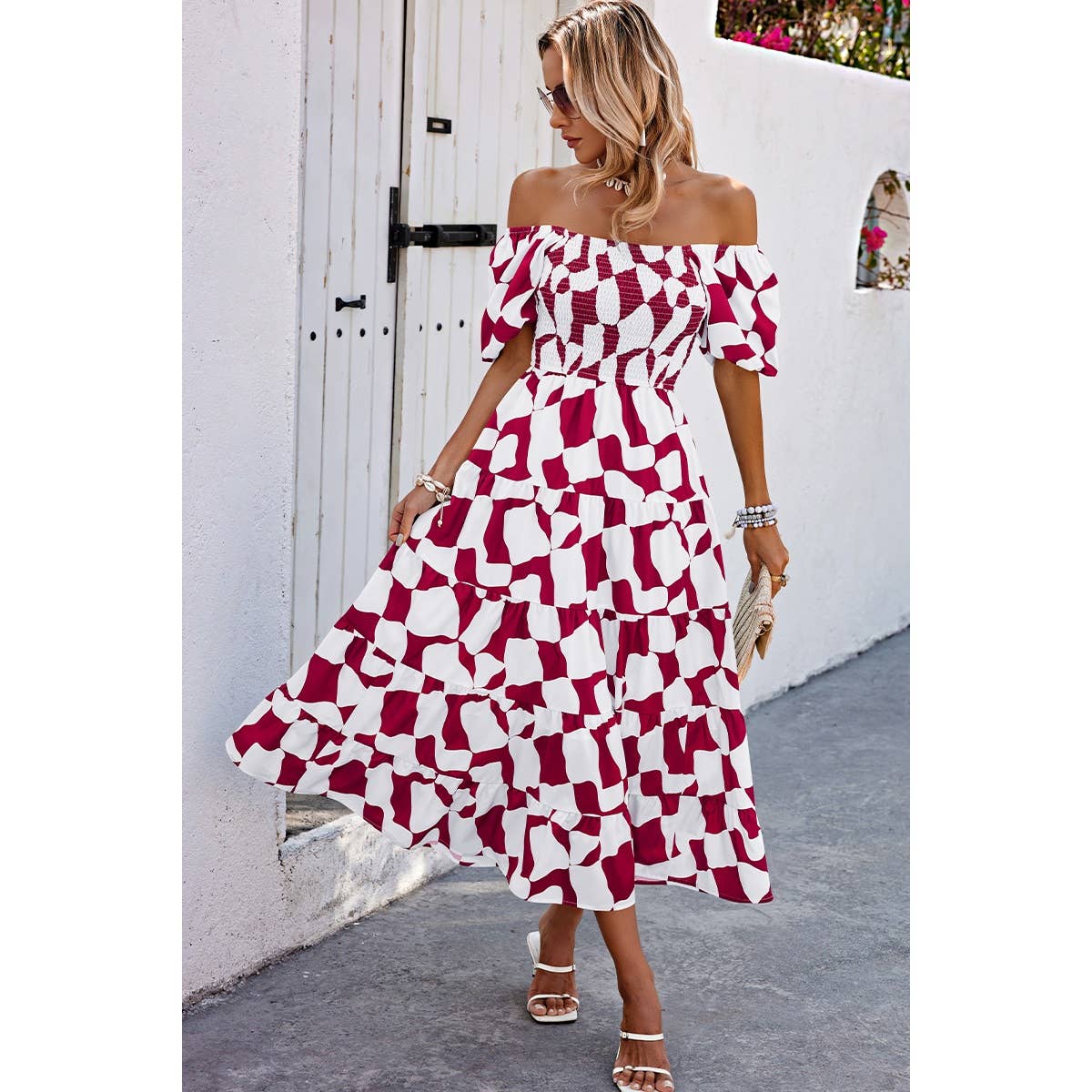 Allover Print Off Shoulder Ruched Ruffle Dress - MVTFASHION.COM