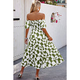 Allover Print Off Shoulder Ruched Ruffle Dress - MVTFASHION.COM