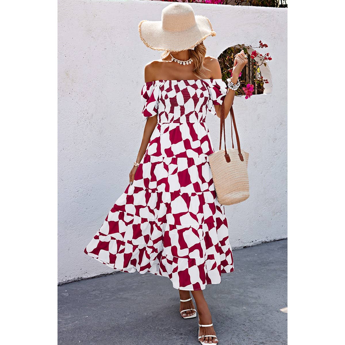 Allover Print Off Shoulder Ruched Ruffle Dress - MVTFASHION.COM