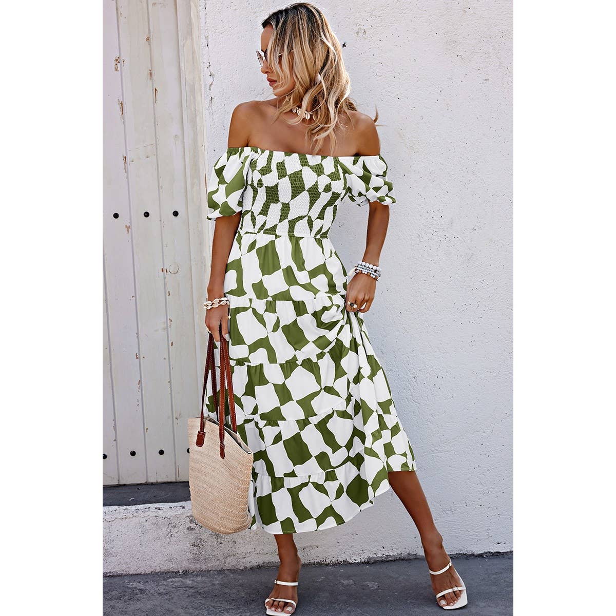 Allover Print Off Shoulder Ruched Ruffle Dress - MVTFASHION.COM