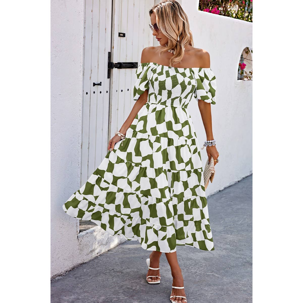 Allover Print Off Shoulder Ruched Ruffle Dress - MVTFASHION.COM