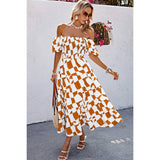 Allover Print Off Shoulder Ruched Ruffle Dress - MVTFASHION.COM