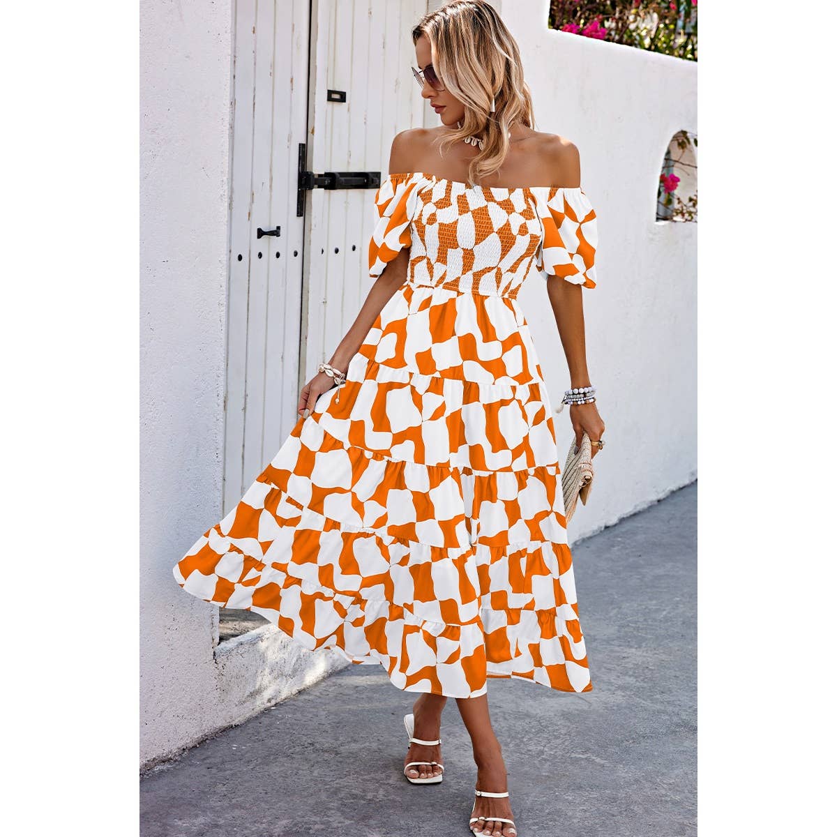 Allover Print Off Shoulder Ruched Ruffle Dress - MVTFASHION.COM