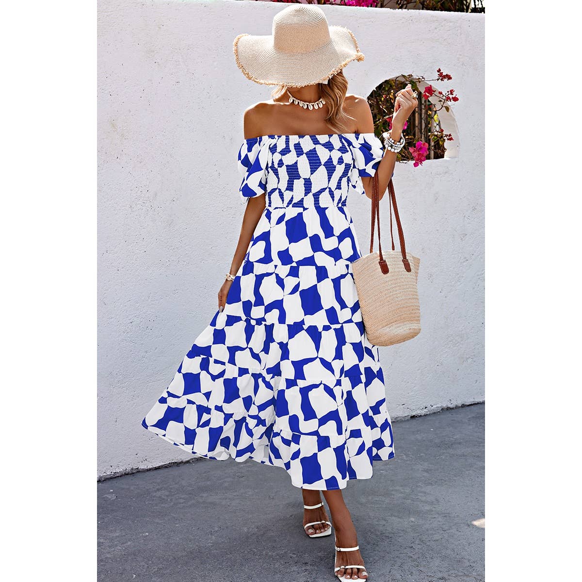 Allover Print Off Shoulder Ruched Ruffle Dress - MVTFASHION.COM