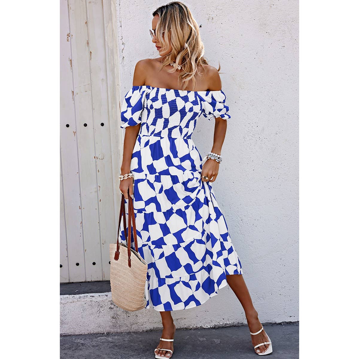 Allover Print Off Shoulder Ruched Ruffle Dress - MVTFASHION.COM