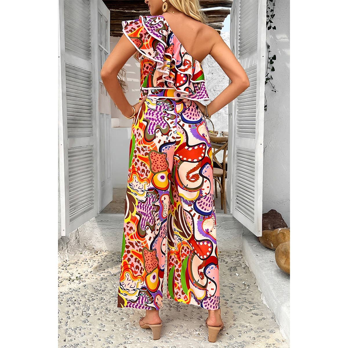 Allover Print One Shoulder Ruffle Belt Jumpsuit - MVTFASHION.COM