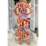 Allover Print One Shoulder Ruffle Belt Jumpsuit - MVTFASHION.COM