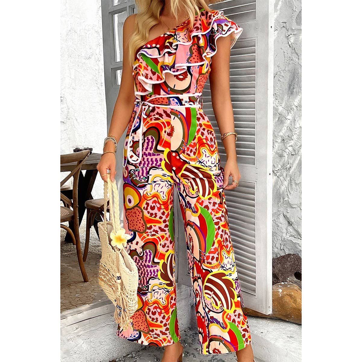 Allover Print One Shoulder Ruffle Belt Jumpsuit - MVTFASHION.COM
