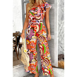 Allover Print One Shoulder Ruffle Belt Jumpsuit - MVTFASHION.COM