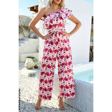 Allover Print One Shoulder Ruffle Belt Jumpsuit - MVTFASHION.COM