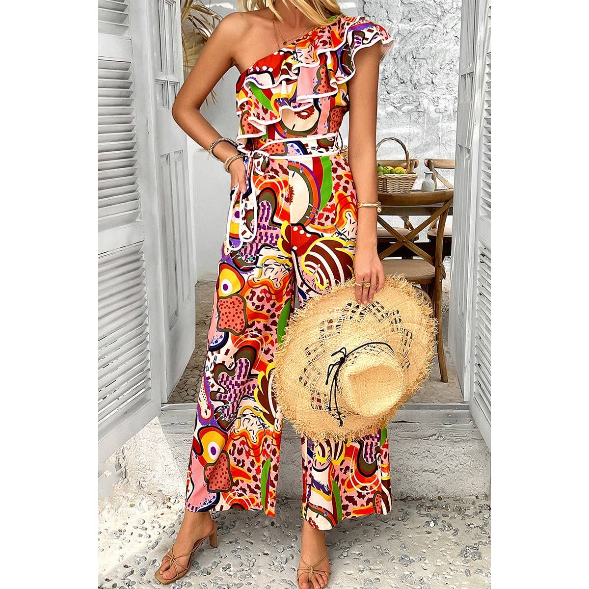 Allover Print One Shoulder Ruffle Belt Jumpsuit - MVTFASHION.COM